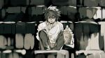  1boy black_hair death_note finger_in_own_mouth food greyscale hair_between_eyes highres indoors l_(death_note) long_sleeves male_focus monochrome movie_theater popcorn shirt short_hair sitting sleeves_past_wrists solo spiked_hair white_shirt wide-eyed xi_luo_an_ya 