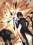  1boy 1girl absurdres backlighting bangs bent_over blonde_hair bodysuit bowing brown_hair can closed_mouth crushing dutch_angle elbow_pads explosion feet_out_of_frame floating_hair gloves hand_on_hip hand_up highres knee_pads long_sleeves mask niijima_makoto no_mask parted_bangs persona persona_5 red_eyes s-m-53413 sakamoto_ryuuji scarf short_hair shoulder_spikes spikes standing steel_mask v-shaped_eyebrows 