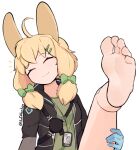  1girl ahoge among_us animal_ears arknights bandaid bandaid_on_knee bandaid_on_leg bangs barefoot black_jacket blonde_hair blue_gloves bow closed_eyes closed_mouth crewmate_(among_us) feet foot_focus foreshortening gloves green_bow green_shirt hair_bow hair_ornament hairclip hand_on_own_thigh head_tilt jacket kroos_(arknights) leg_up legs open_clothes open_jacket rabbit_ears rabbit_girl shadow shirt sidelocks simple_background smile softhanten soles solo toes twitter_username white_background 