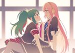  2girls blue_eyes blush breasts finger_to_another&#039;s_mouth green_hair hatsune_miku headphones long_hair looking_at_another medium_breasts megurine_luka multicolored_hair multiple_girls pantyhose pink_hair project_sekai ribbon sinaooo skirt twintails two-tone_hair vocaloid yuri 