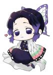  1girl belt butterfly_hair_ornament chibi demon_slayer_uniform full_body gradient_clothes hair_ornament haori heart invisible_chair japanese_clothes kimetsu_no_yaiba kochou_shinobu long_sleeves looking_at_viewer mikazukidango pants parted_lips purple_eyes purple_hair purple_pants purple_socks sandals sidelocks simple_background sitting sleeves_past_wrists smile socks solo tabi updo waraji white_background wide_sleeves 