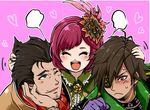  1girl 2boys batten12 blush brown_eyes brown_hair date_masamune eyepatch eyes_closed female hair_ornament happy hosokawa_gracia lowres male multiple_boys one_eye_closed open_mouth red_hair saika_magoichi sengoku_musou sengoku_musou_2 short_hair wink 