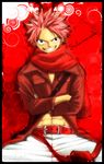  1boy abs belt crossed_arms fairy_tail grin jacket male male_focus muscle natsu_dragneel pink_hair red_hair scarf sitting smile solo spread_legs white_pants 