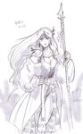  cecilia_harvey dress female final_fantasy final_fantasy_iv hands_on_hips long_hair lowres monochrome na_(pixiv913562) polearm shoulder_pads solo spear tiara weapon white_background 