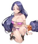  1girl armlet bangs bikini breasts covered_nipples eyepatch_bikini fate/grand_order fate_(series) full_body ganik highres huge_breasts long_hair looking_at_viewer low-tied_long_hair minamoto_no_raikou_(fate/grand_order) minamoto_no_raikou_(swimsuit_lancer)_(fate) navel one_knee parted_bangs purple_bikini purple_eyes purple_hair side-tie_bikini skindentation solo strapless strapless_bikini swimsuit very_long_hair white_background 