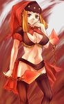  black_legwear black_thighhighs blonde_hair breasts chains cleavage female fourleafclover_(artist) hood long_hair midriff no_panties odin_sphere red_eyes solo thighhighs velvet velvet_(odin_sphere) 