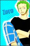  1boy black_shirt blue_background character_name crossed_arms earrings green_hair jewelry ladynoa male male_focus one_piece pirate roronoa_zoro scar shirt simple_background sitting solo t-shirt zoro 