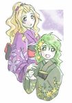  2girls blonde_hair female final_fantasy final_fantasy_iv green_eyes green_hair japanese_clothes kimono long_hair lowres multiple_girls na_(pixiv913562) open_mouth purple_eyes rosa_farrell rydia 