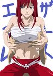  1girl abs bandage bandages bandaid bare_shoulders breast_grab breasts erza_scarlet fairy_tail from_behind grabbing gray_eyes grey_eyes kyabakurabakufu long_hair midriff red_hair sarashi tattoo 