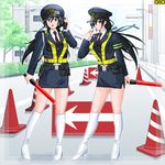  black_hair boots breasts gloves long_hair miniskirt necktie police police_uniform policewoman skirt uniform 