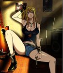  bare_shoulders belt blush boots breasts cleavage denim denim_shorts fairy_tail female guitar hotpants indoors instrument key large_breasts lucy_heartfilia mashima_hiro open_mouth photoshop shoes short_shorts shorts sitting solo tank_top tanktop wristband 