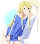  bare_shoulders blonde_hair blue_eyes heroman leaning_forward lina_davis long_hair ribonzu shirt shirt_tug shorts smile solo zoom_layer 