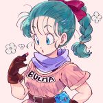  :o applying_makeup belt blue_eyes blue_hair braid brown_gloves bulma character_name clothes_writing commentary dragon_ball dragon_ball_(classic) english_commentary expressionless eyelashes fanny_pack floral_background flower gloves hair_ribbon highres lipstick lipstick_tube looking_down makeup pink_lips pink_ribbon pink_shirt purple_scarf ribbon scarf shirt simple_background solo standing striped striped_shirt tkgsize upper_body vertical-striped_shirt vertical_stripes 