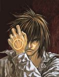  brown_eyes brown_hair button buttons circle creased_shirt frown gradient gradient_background kanzaki_jin katsura_masakazu looking_at_viewer male male_focus raised_hand short_hair simple_background solo spiked_hair zetman 