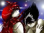  2boys black_hair hiei kurama lowres multiple_boys red_hair yaoi yu_yu_hakusho yuu_yuu_hakusho 