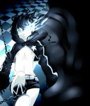  1boy belt black_hair black_rock_shooter black_rock_shooter_(character) black_rock_shooter_(cosplay) blue_eyes boots boy chains cosplay crossdressing crossplay hood jacket kagamine_len male male_focus navel o-mars scar short_hair shorts solo star stitches unzipped vocaloid 