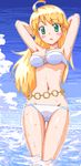  1girl ahoge armpits arms_up artist_request bikini blonde_hair blush breasts cleavage female green_eyes hoshii_miki idolmaster long_hair maru_(sara_duke) navel ocean sea sky solo swimsuit water 