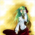  c.c. cape cc code_geass female flower gradient gradient_background green_hair hair_ornament highres long_hair red_ribbon ribbon shirt skirt solo white_shirt witchonly yellow_eyes 