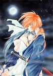  1boy 1girl bare_shoulders blue_eyes blue_hair blue_ribbon couple female full_moon himura_kenshin japanese_clothes kamiya_kaoru katana kimono long_hair male moon night orange_hair ponytail ribbon rurouni_kenshin scar sword weapon yamaguchi_shinji 