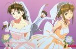  antennae bow bowtie breasts bridal_bouquet bridal_veil brown_eyes brown_hair cleavage dress earrings elbow_gloves formal glasses gloves groom hair_ornament jewelry love_hina narusegawa_naru necklace official_art otohime_mutsumi ponytail shoes simple_background smile suit urashima_keitarou veil vest wedding_dress wink 