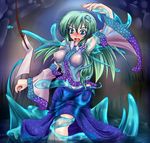  blue_eyes blush detached_sleeves frog green_hair hair_ornament highres kochiya_sanae long_hair midriff monikano navel see-through slime snake solo sweat touhou water 