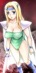  blonde_hair blue_eyes boots breasts cape celes_chere cleavage erect_nipples female final_fantasy final_fantasy_vi fourleafclover_(artist) headband leotard long_hair outdoors shoulder_pads sky solo sword weapon wristband 
