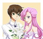  1boy 1girl bouquet breasts brown_hair cleavage code_geass couple double_bun double_buns dress dress_shirt euphemia_li_britannia female flower green_eyes hair_bun jewelry kururugi_suzaku long_hair male necklace pink_hair purple_eyes sayako_(pixiv1197395) shirt short_hair white_shirt 