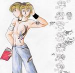  2boys bandage bandages blonde_hair brothers conjoined multi_head multiple_boys siblings tattoo twins 