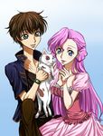  1boy 1girl blue_eyes brown_hair cat code_geass couple double_bun double_buns dress euphemia_li_britannia female green_eyes hair_bun jacket kururugi_suzaku long_hair male pink_hair sayako_(pixiv1197395) short_hair watch wristwatch 