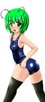  absurdres antennae ass bad_id bad_pixiv_id green_eyes green_hair highres looking_back school_swimsuit shiny shiny_clothes short_hair skindentation solo swimsuit tera_hiroshi thighhighs touhou wriggle_nightbug 