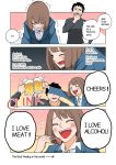  1girl 4koma beer_mug black_hair blue_eyes bob_cut brown_hair chopsticks cigarette clenched_teeth closed_eyes comic crosshair drinking facial_hair firing food formal gun meat nishino_kanako office_lady original rifle stubble suit tears teeth translated trembling wakabayashi_toshiya weapon 