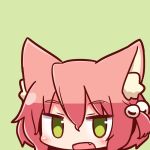  7th_dragon 7th_dragon_(series) :d animal_ear_fluff animal_ears bangs blush cat_ears eyebrows_visible_through_hair fang green_background green_eyes hair_between_eyes hair_bobbles hair_ornament harukara_(7th_dragon) head looking_at_viewer naga_u one_side_up open_mouth pink_hair simple_background smile solo 