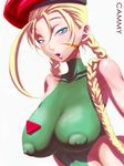  badge beret blonde_hair blue_eyes bodysuit braid braids breasts cammy_white capcom close-up erect_nipples face_paint facepaint female hat large_breasts lips long_hair nipples simple_background skin_tight solo street_fighter triberry twin_braids white_background 