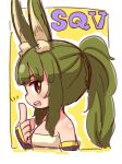  :d animal_ear_fluff animal_ears bangs bare_shoulders blush brown_eyes bunny_ears chibi eyebrows_visible_through_hair green_hair hand_up high_ponytail index_finger_raised long_hair masurao_(sekaiju) naga_u open_mouth outline ponytail profile sekaiju_no_meikyuu sekaiju_no_meikyuu_5 smile solo upper_body upper_teeth white_outline 