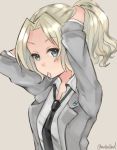  1girl adjusting_hair alternate_hairstyle arms_behind_head arms_up black_neckwear blazer blonde_hair blue_eyes brown_background commentary dress_shirt emblem eyebrows_visible_through_hair girls_und_panzer grey_jacket hair_intakes hair_tie_in_mouth hair_up jacket kay_(girls_und_panzer) light_blush lips long_hair long_sleeves looking_at_viewer loose_necktie mouth_hold necktie ponytail saunders_school_uniform school_uniform seo_kichi shirt simple_background sleeves_rolled_up solo standing twitter_username upper_body white_shirt wing_collar 