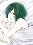  afterglow bed bed_sheet blanket close-up closed_mouth daico face green_hair hands kazami_yuuka lying pale_skin red_eyes short_hair smile solo touhou 