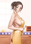  1girl apron artist_name ass bare_shoulders blurry blurry_background breasts brown_eyes brown_hair earrings easonx highres holding holding_spoon jewelry large_breasts looking_at_viewer mature_female naked_apron paldea_mother pearl_earrings pokemon pokemon_(game) pokemon_sv ponytail sideboob sidelocks smile solo spoon yellow_apron 