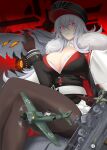  1girl azur_lane breasts chibi cleavage cloak clothing_cutout crossed_legs eyebrows_hidden_by_hair fur_trim glowing glowing_eyes graf_zeppelin_(azur_lane) hair_between_eyes hat highres iron_blood_(emblem) kagura_ittou large_breasts long_hair pantyhose peaked_cap red_eyes shaded_face solo white_hair 