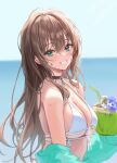  1girl absurdres bare_shoulders beach bikini breasts brown_hair choker cleavage coconut drinking_straw dripping green_eyes grin highres looking_at_viewer lujang_(fudge) medium_breasts original smile solo swimsuit unfinished upper_body wet white_bikini 