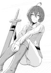  1girl absurdres belt boots commentary crossdressing highres knight monochrome original pants reverse_trap short_hair sitting solo sword tomboy weapon 