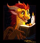  2022 absurd_res book bookshelf candle digital_media_(artwork) dragon fangs female feral fur furniture hi_res horn open_mouth portrait reading reading_book red_body red_fur scales scalie simple_background smile solo teeth wanderertamplior western_dragon wings_folded yellow_body yellow_eyes yellow_scales 