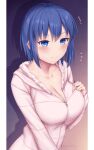  1girl absurdres bangs blue_eyes blue_hair breasts ciel_(tsukihime) cleavage closed_mouth collarbone commentary_request flying_sweatdrops hair_between_eyes highres hood hood_down hoodie large_breasts long_sleeves looking_at_viewer pillarboxed pink_hoodie short_hair smile solo soukitsu sweat tsukihime tsukihime_(remake) twitter_username upper_body zipper 