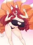  absurd_res animal_humanoid big_breasts breasts canid canid_humanoid canine canine_humanoid cleavage clothed clothing dmxwoops female fox_humanoid gesture hi_res huge_breasts humanoid mammal mammal_humanoid multi_tail panties side-tie_panties solo underwear v_sign 