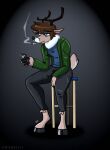  anthro antlers blue_eyes brown_body brown_hair cervid cigarette clothed clothing furniture hair half-closed_eyes hi_res hooves horn hunched_over lighter male mammal multicolored_body narrowed_eyes seven_(artist) simple_background sitting smoking solo stool tired_eyes two_tone_body 
