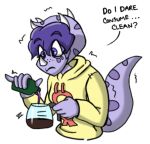  anthro beverage ceratopsian clothed clothing coffee dinosaur english_text facial_horn female freckles goodbye_volcano_high hair hoodie horn humor lean_(beverage) ornithischian purple_body purple_eyes purple_hair reptile scalie seven_(artist) simple_background snoot_game_(fan_game) solo text topwear triceratops trish_(gvh) video_games white_background 