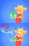  absurd_res anthro bell bingbingo_(artist) blonde_hair blue_background blush cervid christmas christmas_clothing christmas_present clothing collar deltarune doe_with_antlers dress female freckles gift hair heart_reaction hi_res holidays leash mammal noelle_holiday pet_bowl red_clothing red_dress red_nose simple_background solo undertale_(series) video_games water_bowl 