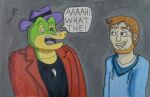  2022 alexf17art alligator alligatorid anthro brok_(character) brok_the_investigator clothing crocodilian demetrios_the_big_cynical_adventure dialogue duo english_text hi_res hoodie human male mammal reptile scalie scared shirt text topwear video_games 