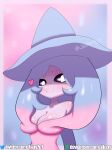 absurd_res anthro big_breasts blue_hair breasts clothing female generation_8_pokemon hair hat hatterene headgear headwear hi_res humanoid japy7u7 looking_at_viewer magic_user nintendo pink_hair pokemon pokemon_(species) simple_background smile solo video_games white_body witch witch_hat 