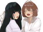  2girls ^_^ amatsume_akira black_eyes black_hair blush brown_hair closed_eyes hair_ornament japanese_clothes kimono long_hair looking_at_viewer migiwa_kazuha multiple_girls open_mouth poppomaru_0605 shirt short_hair simple_background smile upper_body white_background x_hair_ornament yosuga_no_sora 