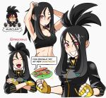  1girl black_hair black_jacket breasts cross_scar dendra_(pokemon) exercise fingerless_gloves food gloves hair_down highres jacket long_hair looking_at_viewer mag_(magdraws) midriff multiple_views open_mouth pokemon pokemon_(game) pokemon_sv ponytail sandwich scar scar_on_face scar_on_forehead smile solo speech_bubble track_jacket weightlifting yellow_gloves 